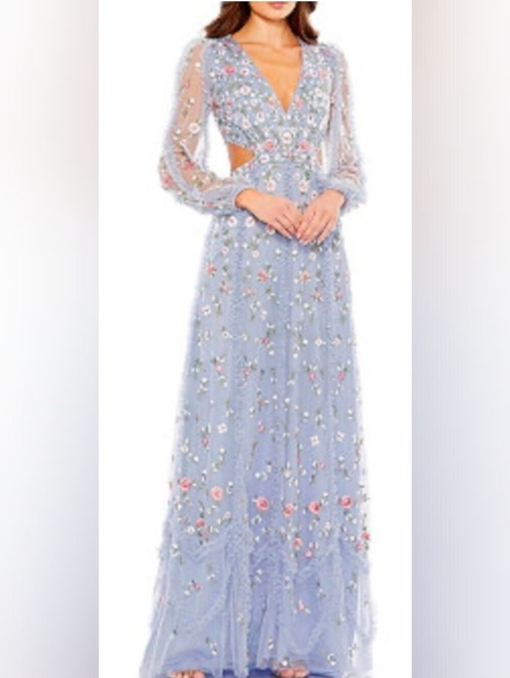 Mac Duggal NWT Periwinkle Long Sleeve Floral Cut Out Maxi Dress Size 10 #35107